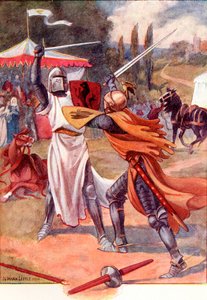 Kämpfende Ritter in Rüstung. Farbige Illustration aus dem Buch The Gateway to Tennyson, veröffentlicht 1910 von English School