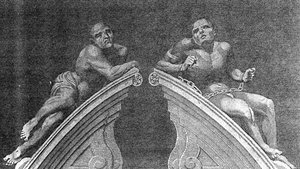 Figuren über dem Tor des Bethlehem Hospital, graviert von A. Birrell für Lamberts Geschichte Londons, 1805 von English School
