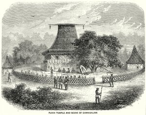 Fidschianischer Tempel und Szene des Kannibalismus von English School