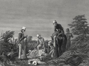 Auffinden der Farben des 24. Regiments nach der Schlacht von Chillianwallah, um 1850 (Gravur)
