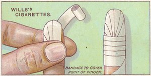 Fingerverband, Nr. 50 aus der Erste-Hilfe-Serie von Willss Zigarettenkarten, 1913