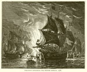 Brandschiffe greifen die spanische Armada an, 1588 von English School