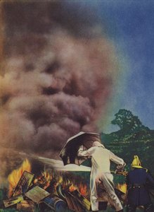 Feuerwehrmann experimentiert mit einem Asbestanzug und Regenschirm von English School