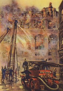 Feuerwehrmänner bekämpfen einen Brand in einem großen Hotel von English School