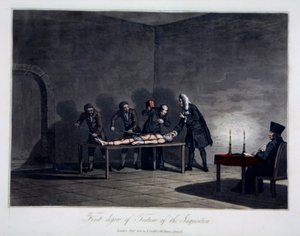 Erste Stufe der Folter der Inquisition, graviert von L.C. Stadler, veröffentlicht von Cadell & Davies, London, ca. 1813