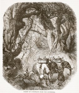 Flucht der Europäer vor den Meuterern, Illustration aus Cassells Illustrierter Geschichte Englands von English School