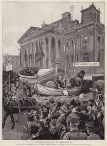 Festwagen zur Sammlung von Geldern für die Royal National Lifeboat Institution passiert die Exchange in Manchester von English School