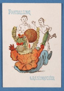 Fußballspielende Großmutter, aus dem Happy Families-Kartenspiel, ca. 1890-1900