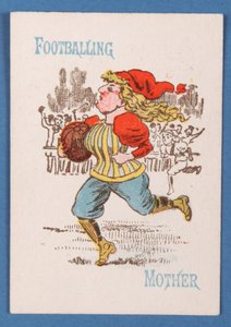 Fußballspielende Mutter, Karte aus einem Happy Families-Spiel, ca. 1890-1900