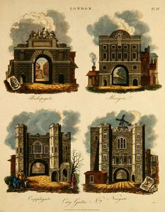 Vier Stadttore: Bishopsgate, Moorgate, Cripplegate und Newgate, graviert von J. Pass, veröffentlicht von G. Jones von English School