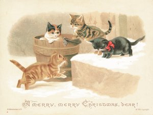 Vier kleine Kätzchen spielen, Weihnachtskarte von English School