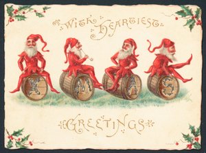 Vier Kobolde sitzen auf Fässern, Weihnachtskarte von English School