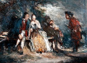 Vier Figuren, zwei davon Liebende, im Gespräch, um 1800