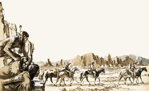 Vier Männer auf dem Weg zum Funeral Mountain und Death Valley dahinter von English School