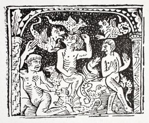 Viertes: Lazarus beschreibt, was er in der Hölle gesehen hat - ein schrecklicher Korb mit Schlangen, die Körper beißen und angreifen