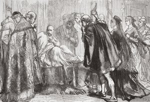 Franz I. auf seinem Sterbebett, Illustration aus Die Geschichte des Protestantismus von James Aitken Wylie, veröffentlicht 1878