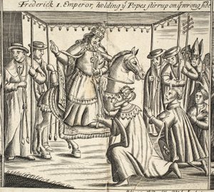 Friedrich I., Kaiser, hält den Steigbügel des Papstes auf der falschen Seite, Illustration aus Acts and Monuments von John Foxe, neunte Ausgabe, veröffentlicht 1684