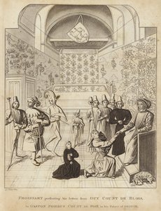 Froissart überreicht seine Briefe von Guy Court de Blois an Gaston Phoebus, Graf von Foix, in seinem Palast von Orthez von English School