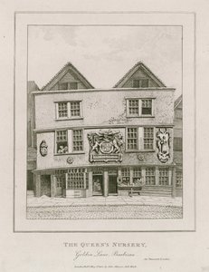 Vorderseite des Fortune Theatre, wie es 1800 aussah, nachdem es in ein Geschäft umgewandelt wurde von English School