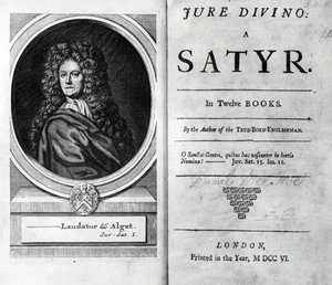 Frontispiz und Titelseite für Jure Divino: A Satyr von Daniel Defoe, veröffentlicht 1706