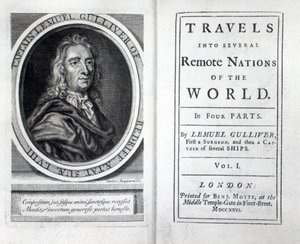 Frontispiz und Titelseite zu Gullivers Reisen von Jonathan Swift, 1726