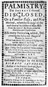 Frontispiz zu Palmistry, die Geheimnisse davon enthüllt von Richard Saunders, 1664