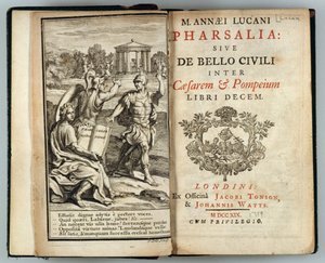 Frontispiz zu Pharsalia oder Der Bürgerkrieg zwischen Caesar und Pompeius von Marcus Annaeus Lucan, graviert von J. Cole, 1719