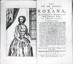 Frontispiz zu Roxana, Die glückliche Mätresse von Daniel Defoe, Ausgabe veröffentlicht 1765 von English School