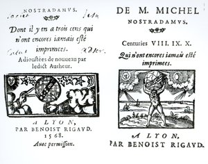 Frontispiz zu Die Prophezeiungen von M. Michel Nostradamus, veröffentlicht von Benoist Rigaud, 1568 von English School