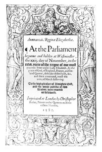 Frontispiz zu einem Bericht über das Parlament von Königin Elizabeth, abgehalten zwischen dem 23. November 1584 und dem 24. März 1585 (gedruckt von Christopher Barker, 1585)