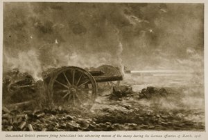 Gas maskierte britische Kanoniere feuern aus nächster Nähe auf vorrückende Massen des Feindes während der deutschen Offensive im März 1918, 1918-19 von English School
