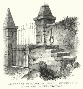 Tor der Duddingston Kirche, mit den Jougs und Louping-on-Stein (Stich)