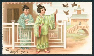 Geisha-Mädchen füttern Vögel von English School