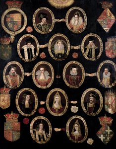 Genealogische Tafel, die die Tudor-Wurzeln von Maria Stuart, Königin von Schottland (1542-87) und ihrem Sohn James VI. von Schottland und I. von England (1566-1625) nachzeichnet, ca. 1603