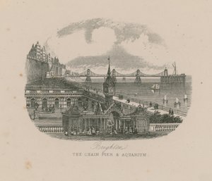 Allgemeine Ansicht der Hängebrücke und des Aquariums an der Küste von Brighton von English School