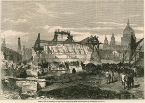 Gesamtansicht der Arbeiten für die London, Chatham und Dover Eisenbahnbrücke in Blackfriars, London von English School