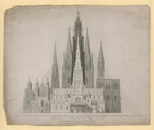 Geometrische Erhebungen der Westfronten der Kathedralen von St. Pauls, London (vor dem Brand) ... und der Großen Pyramide von Ägypten in einem Maßstab