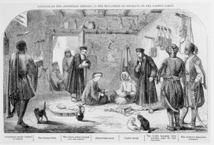 George Curzon inspiziert Bücher in der abessinischen Bibliothek im Kloster Souriani, aus Visits to Monasteries in the Levant, veröffentlicht 1849