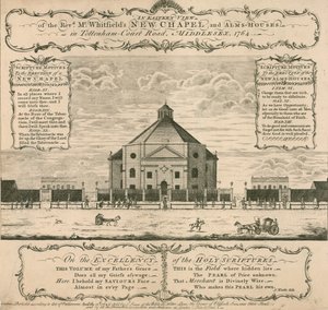 George Whitfields neue Kapelle und Almosenhäuser in Tottenham Court Road, London, 1764 von English School