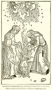Deutscher Aberglaube--Hexen brauen einen Zauber. Nach einem Holzschnitt in Ulrichs Hexen, Augsburg, 1508