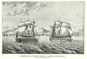 Gibraltar: Backbord- und Steuerbordseite eines spanischen Bombenschiffs (Stich) von English School