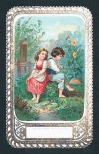 Mädchen und Junge sitzen auf Felsen, Neujahrskarte von English School