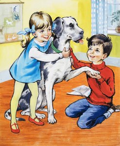Mädchen und Junge mit Hund von English School