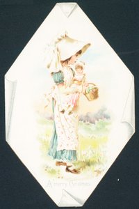 Mädchen trägt Puppe und Korb, Weihnachtskarte von English School