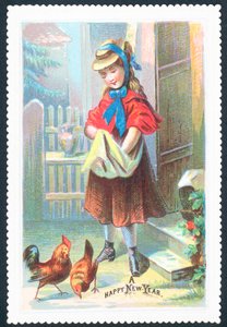 Mädchen füttert Hühner, Neujahrskarte von English School