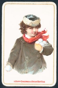 Mädchen sammelt Schneebälle, Weihnachtskarte von English School