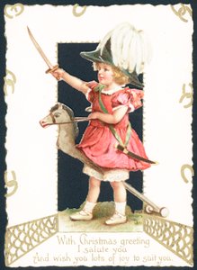 Mädchen reitet auf Steckenpferd, Weihnachtskarte