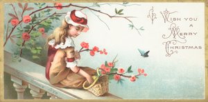 Mädchen sitzt auf Brücke, Weihnachtskarte von English School