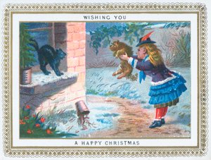 Mädchen ärgert Katze mit Hund, Weihnachtskarte von English School