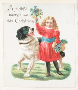 Mädchen neckt Hund mit Blumen, Weihnachtskarte von English School